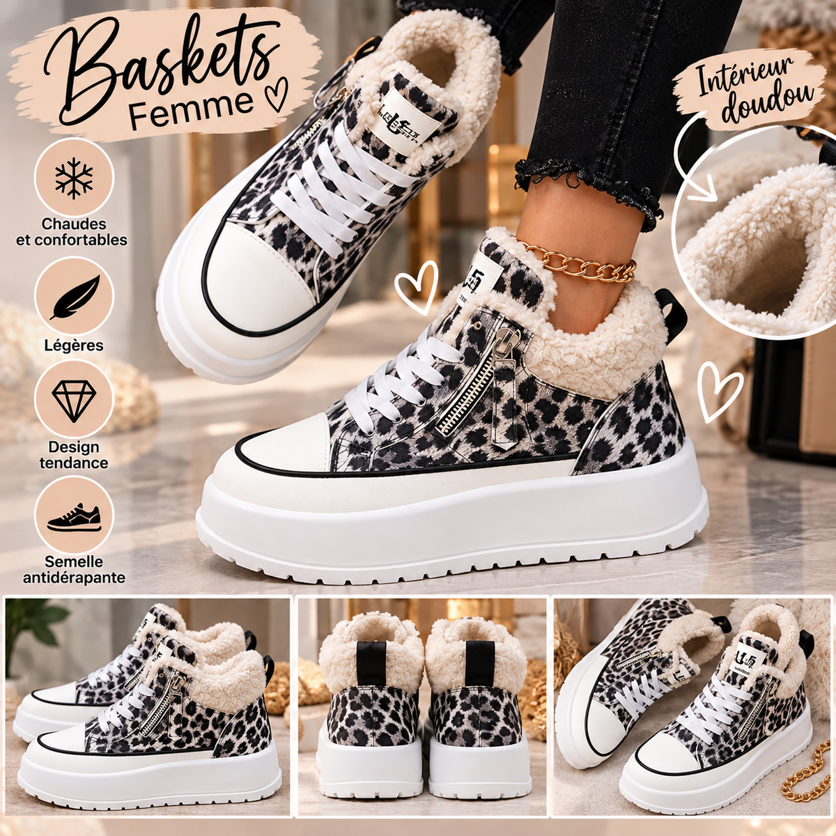 Baskets montantes femme léopard fourrées – Semelle plateforme