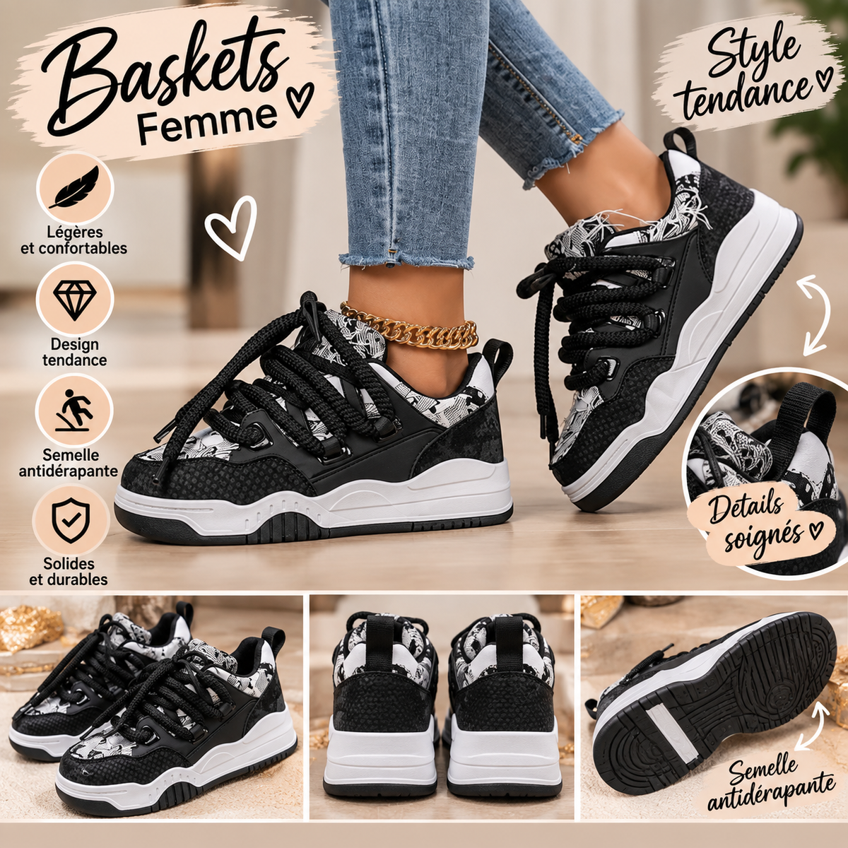 Baskets femme noires et blanches tendance – Semelle confortable