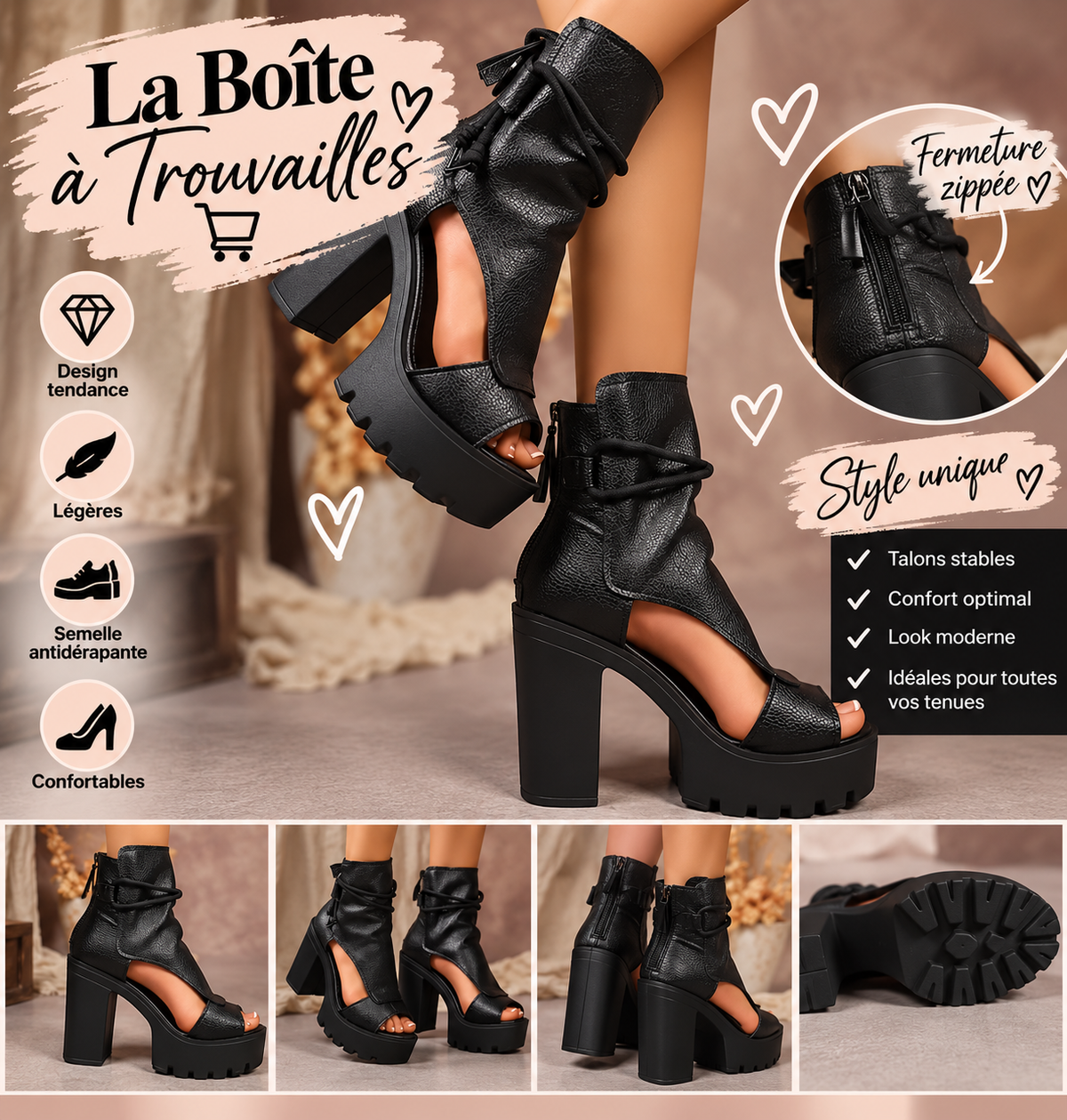 Sandales à talons compensés noires – Style tendance & élégant