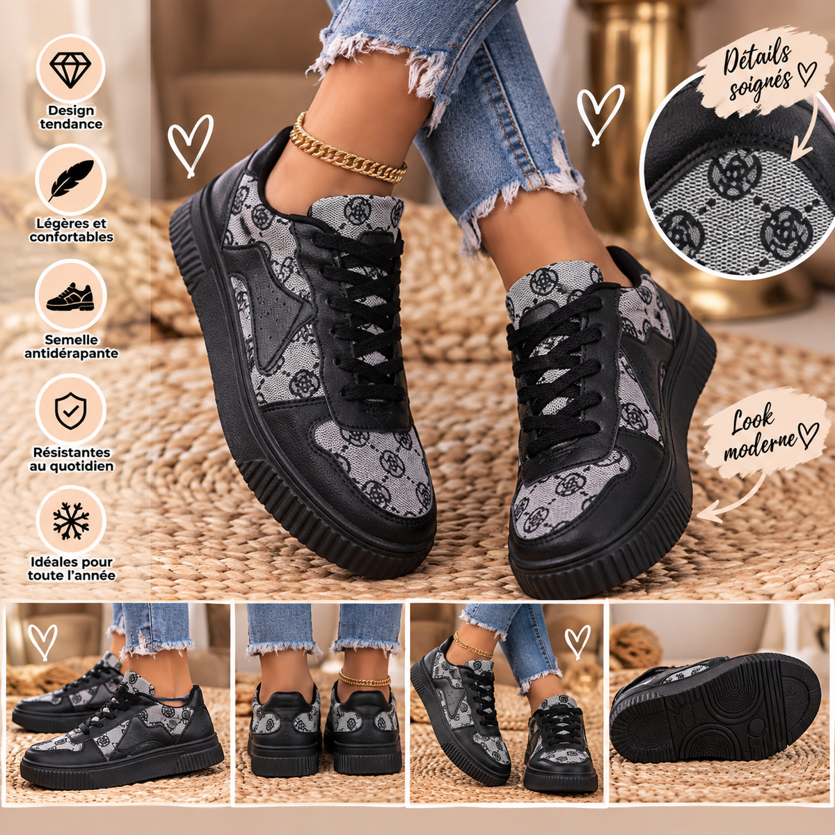 Baskets femme noires & grises à motifs – Style tendance