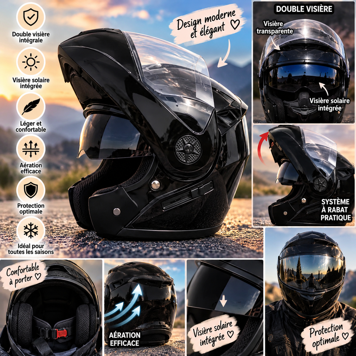 Casque moto modulable noir à double visière – Confort & protection