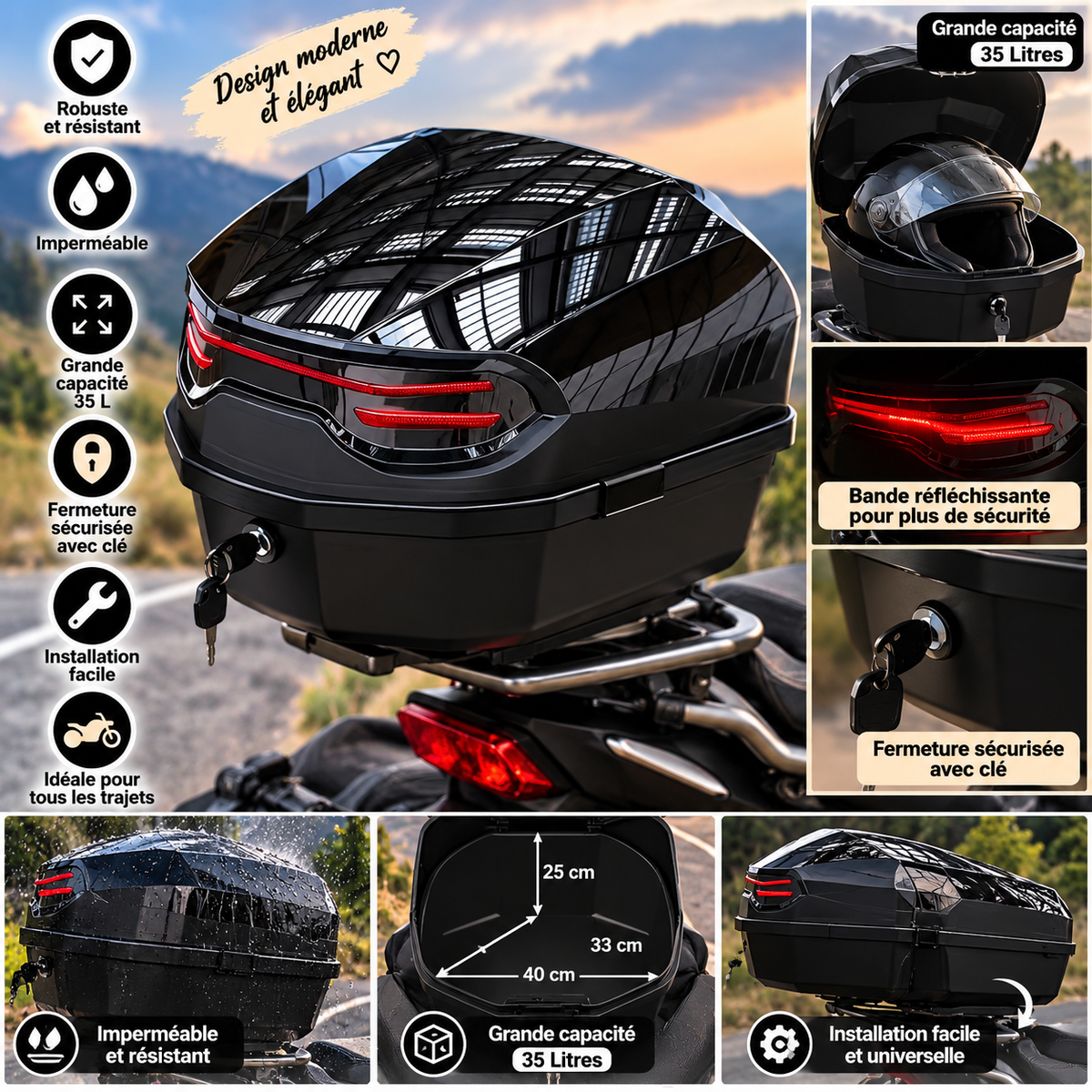 Mallette Top Case Moto 35L – Rigide, Étanche & Sécurisée