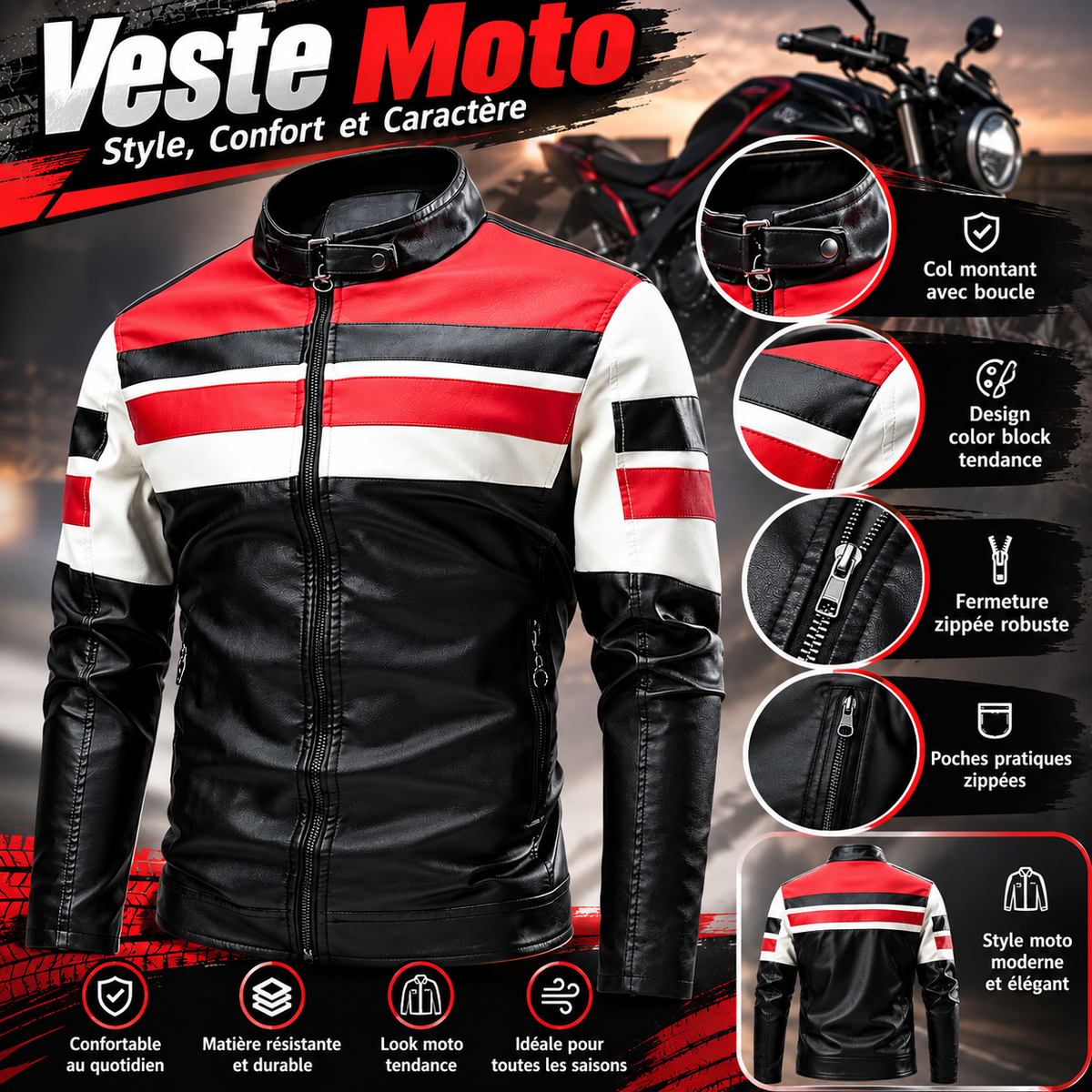 Veste Moto Homme Color Block – Rouge, Noir & Blanc